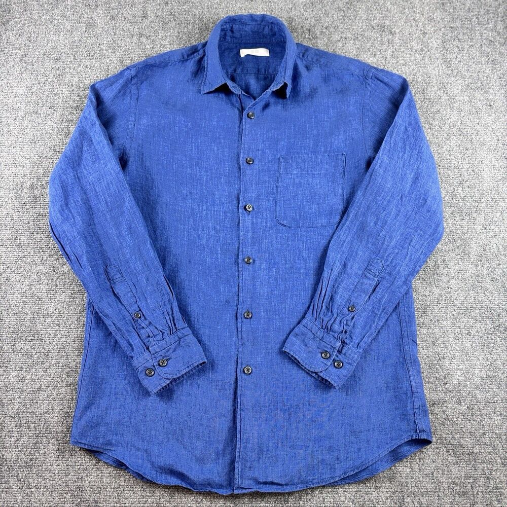 Uniqlo Shirt Mens Large L Blue Linen Blend Button Down Long Sleeve Pocket L